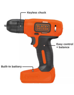 Taladro Atornillador Black Decker Inalámbrico USB 8 V Ion Litio LED 3 8 Pulg Mandril Tomate 2