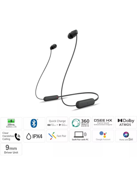 Audífonos Sony Inalámbrico 9 mm 20 20 kHz Microf Integr 25H Dur Negro