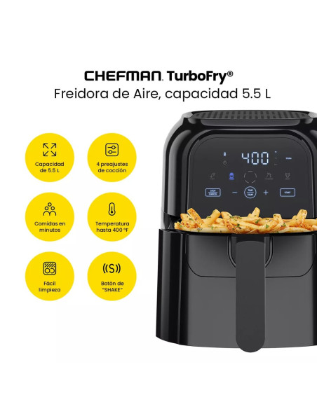 Freidora De Aire Turbofry Chefman 5.5 L 1500 W Pantalla Touch-Indicador Shake- Color Negro
