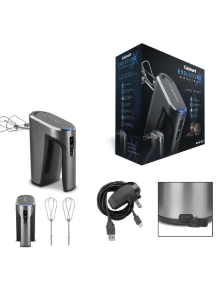 Batidora De Mano Cuisinart Inalámbrico 5 Vel. LED Recargable USB Acero Inox.