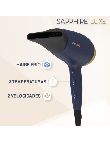 Secador De Cabello Remington Sapphire Luxe 2200 W 3 Niveles 2 Vel. Acondicionamiento Azul Marino-Champagne