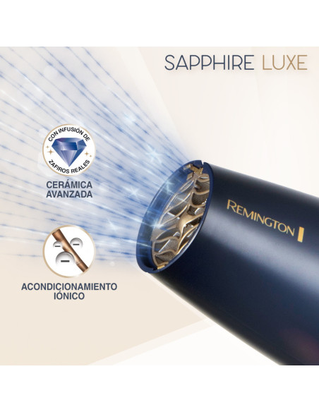 Secador De Cabello Remington Sapphire Luxe 2200 W 3 Niveles 2 Vel. Acondicionamiento Azul Marino-Champagne