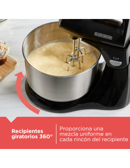 Batidora De Pedestal Black Decker 250 W 5 Velocidades + Turbo 2 Tazones Acero Inox.-Vidr Negro